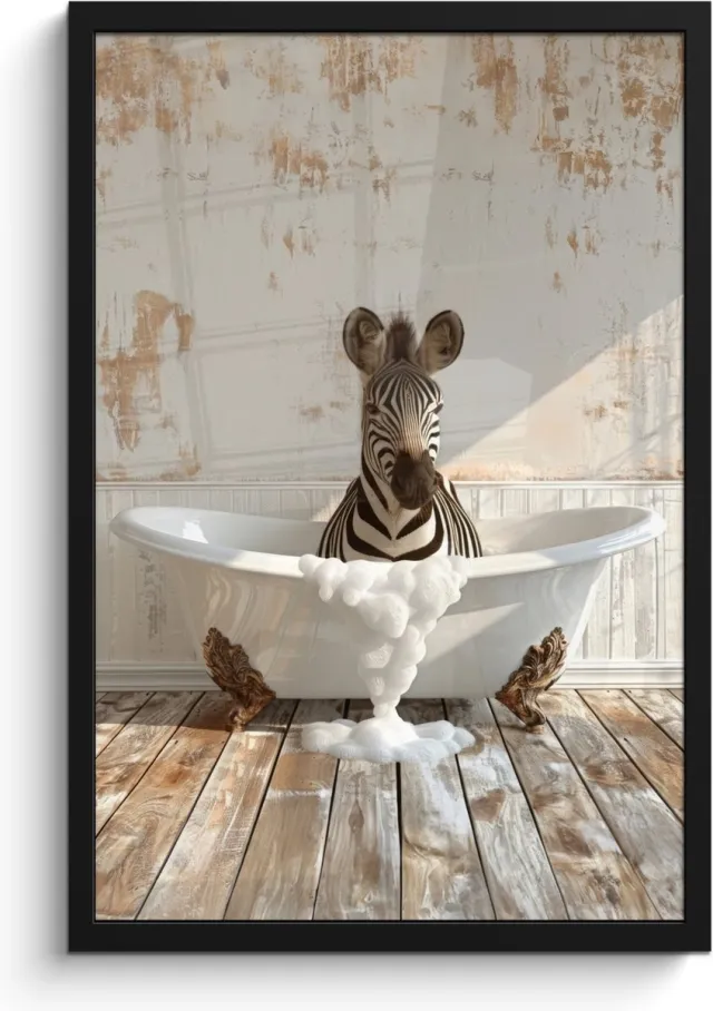 FrameYourWall Poster in lijst - Fotolijst 40x60 cm - Posters - Vintage - Zebra - Wilde dieren - Badkuip - Posterlijst zwart - Wanddecoratie badkamer - Muurdecoratie WC - Decoratieve accessoires - Toilet muur decoratie Zebra - Badkuip