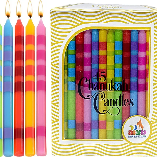 Ner Mitzveh Decorated Hanukkah Candles, 45 Pack Colourful Two Tone, 12.5cm Multi Colour