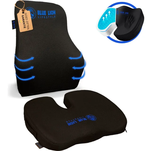 Blue Lion Lifestyle Blue Lion Orthopedisch Zitkussen Met Gel & Rugsteun L - Ergonomisch Stuit- & Rugkussen voor Bureau of Bank - Stoelkussen - Groot Zitkussen Met Gel en Rugsteun set Groot