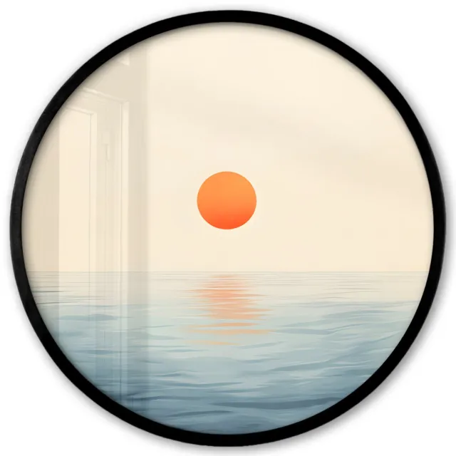 FrameYourWall Poster in lijst Rond - Fotolijst 40x40 cm - Posters - Zon - Oranje - Zee - Ronde posterlijst zwart - Decoratie - Wanddecoratie woonkamer - Muurdecoratie slaapkamer Zon - Zee