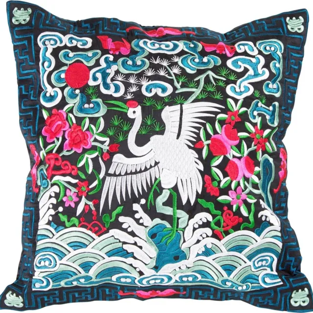 Fine Asianliving Kussenhoes Volledig Geborduurd Blauw Zwart Kraanvogel 45x45cm Zonder Vulling Blauw, Zwart