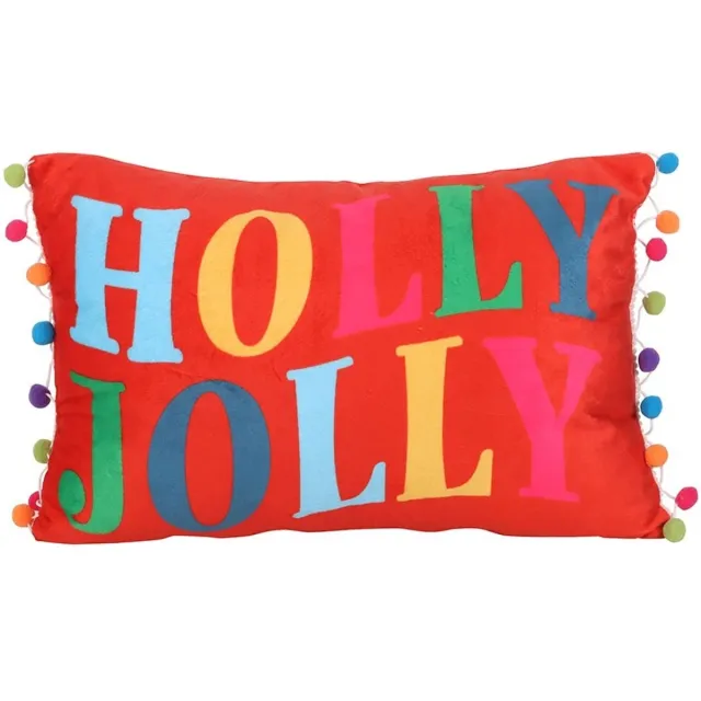 Something Different Vibrant Rood 'Holly Jolly' Kerstkussen met Pom Poms - Sfeervol Sierkussen met Kleurrijke Tekst - 25 x 40 cm Multicolours