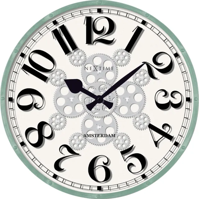 NeXtime Henry – Industrial Wandklok – 50 cm – Metaal – Wit – Bewegende tandwielen Groen