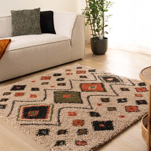 Boho&me Vierkant hoogpolig vloerkleed - Artisan beige/multi 200x200