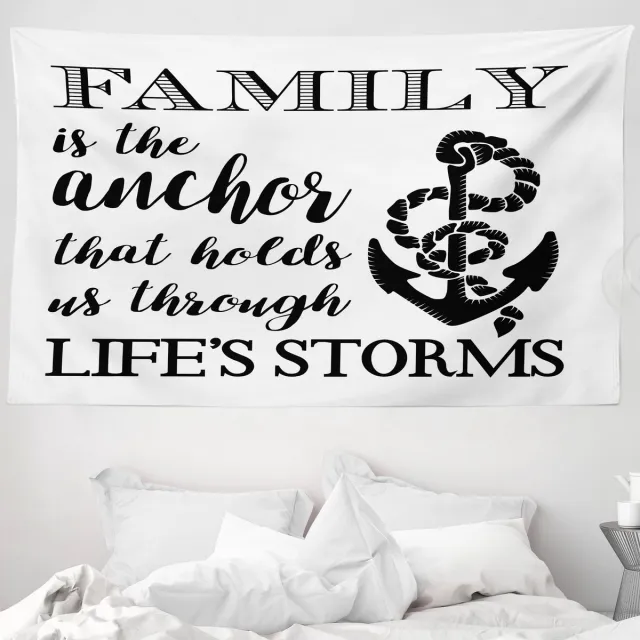 ABAKUHAUS Wandtapijt met de tekst: Familie is het anker dat ons vasthoudt. Inspirerende tekst met ankertouw, 230 x 140 cm, zwart-wit.