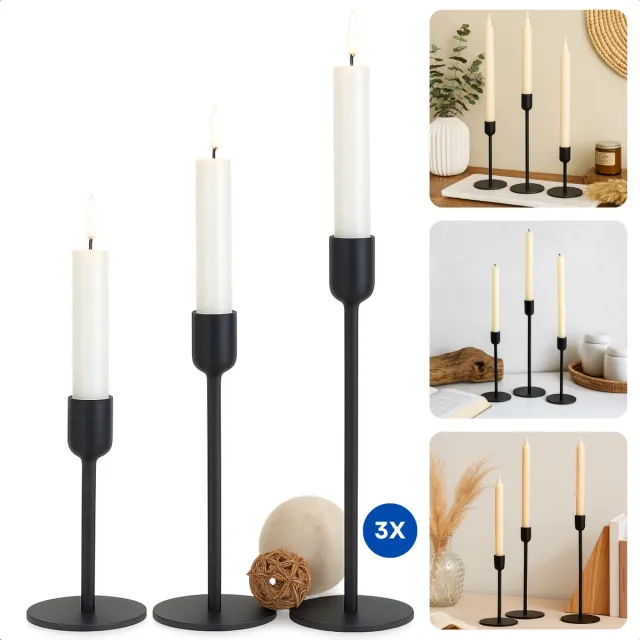 Cheqo Metalen Kaarsenhouder Set van 3 – Zwarte Kaarsenhouders in Industriële Stijl – Woondecoratie voor Salontafel, Eetkamertafel of Bijzettafeltje – Tijdloos Design – Geschikt voor Dinerkaarsen – Kandelaar Modern NTB