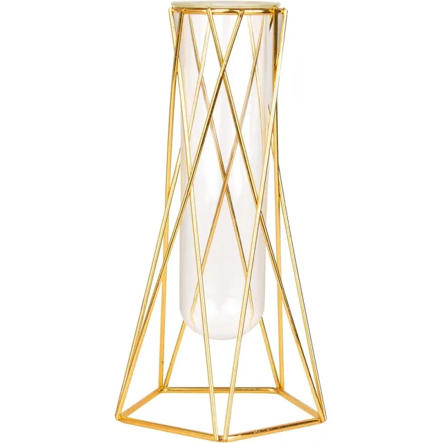 KJG Luxe Glazen Vaas - 22 x 11,5cm - Moderne Vaas - Glas en Metaal - Huisdecoratie - Chique - Klassieke stijl - Hoekig - Geschikt voor Bloemen, Planten en Stekjes