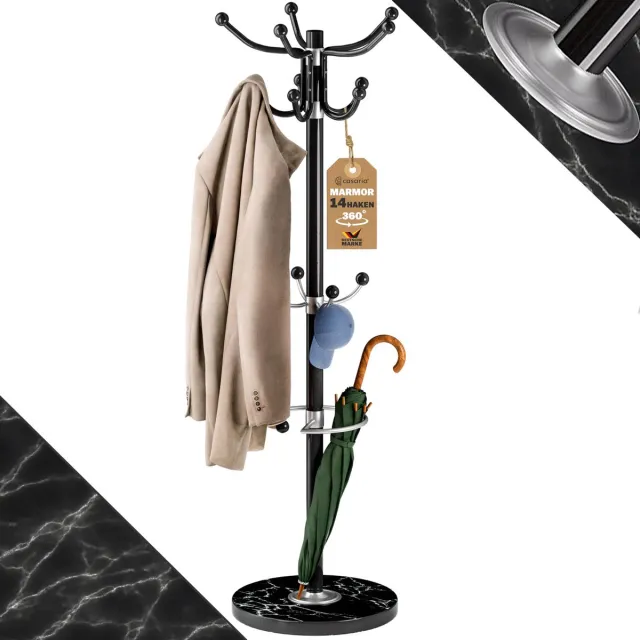 Famanu Staande kapstok van metaal met marmerlook, 14 haken, 360° draaibaar, 37 x 37 x 175 cm, ideaal voor het ophangen van jassen en accessoires Zwart