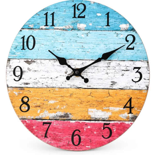 SWGOTA Ronde MDF-wandklok 12 inch met stil uurwerk, kleurrijke retro houtplankenprint en zwarte cijfers en wijzers Lichtblauw
