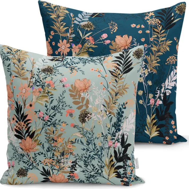 De Groen Home Bedrukt Kussenhoesje Flora - Velvet Kussenhoes set van 2 - 50x50 cm - Lichtblauw & Donkerblauw - Aan beide zijdig bedrukt