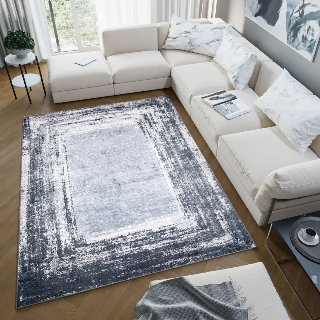 Tapiso Toscana Vloerkleed Gewreven Grijs Blauw Antislip Tapijt Lichtblauw Grijs