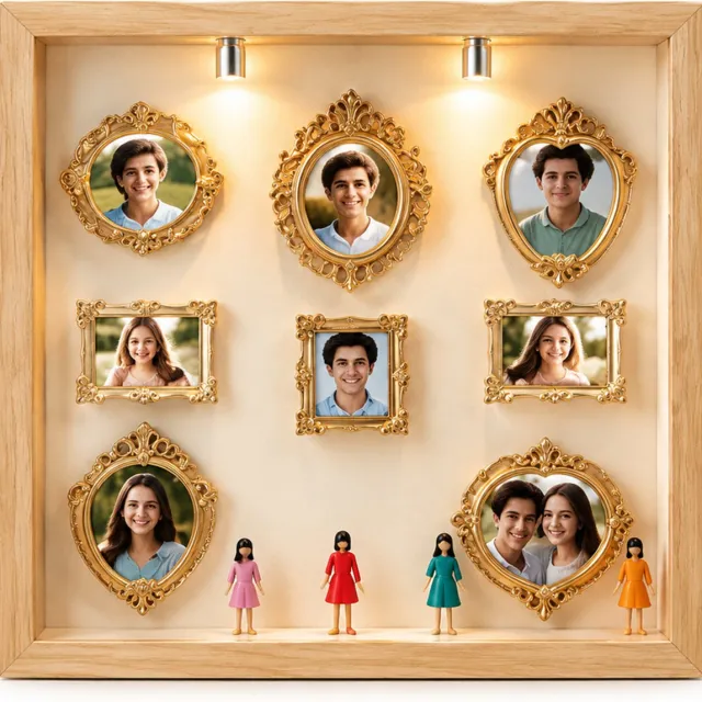 SWGOTA Zwarte vierkante MDF-displaylijst met 8 miniatuurlijstjes en 8 willekeurige figuurtjes, binnenmaat 22,8 x 22,8 x 3 cm, tafeldecoratie
