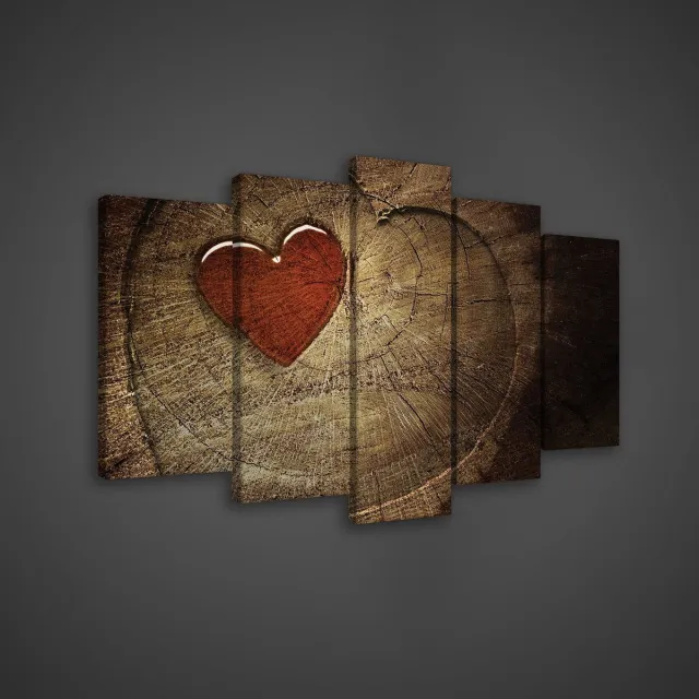 Canvas Schilderij - Rood Hart Op Hout - Hout - Hart - Liefde - Decoratie - Inclusief Frame - 100x60cm (lxb) - 5 Luiks