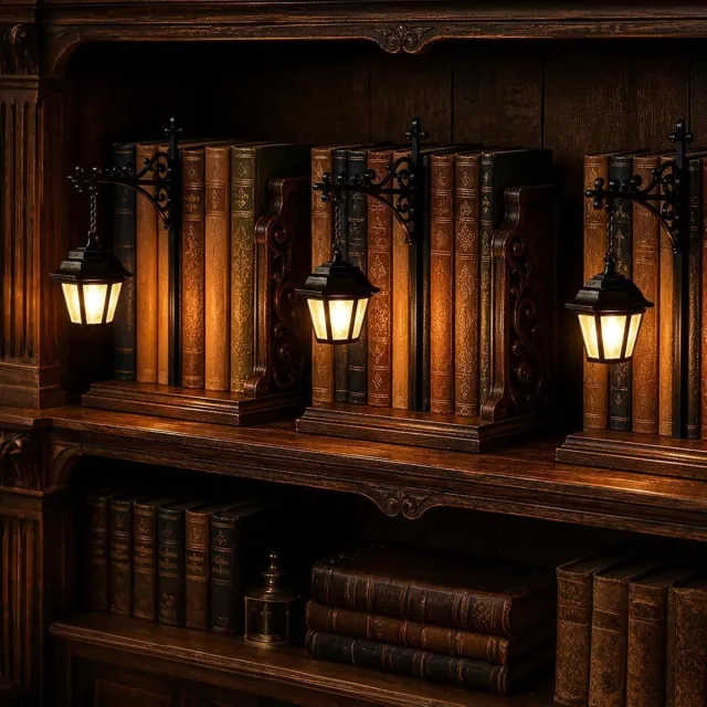 PZCC 3 Stuks - Boekensteun Metaal - Boekensteun met LED Lantaarn Lamp - Vintage Boekenkast Verlichting met Warme Sfeergloed, Mini Hangende Lamp Decoratie voor Leeshoek, Thuisbibliotheek en Boekenliefhebbers - Ghost Design - Halloween zwart - 3 Stuks