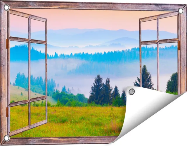 Gards Tuinposter Doorkijk Mistige Heuvel Landschap met Bossen - 60x40 cm - Tuindoek - Tuindecoratie - Wanddecoratie buiten - Tuinschilderij Bruin
