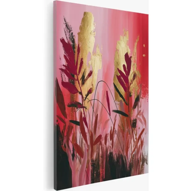 Saammp Canvas Schilderij - Rode Planten - goud - Abstract - Bloemen - 75x100 - Foto op canvas - Wanddecoratie - Muurdecoratie Woonkamer - Kantoor Decoratie Multicolor