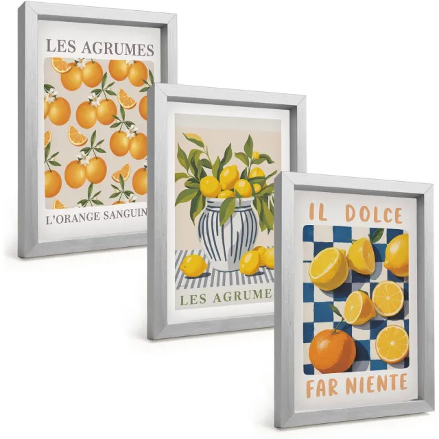TULUP 4-Delige Schilderij Set - Retro citrusvruchten met gele accenten - 20 x 30 cm - Moderne Wanddecoratie - Slaapkamer - Muurdecoratie Zilveren lijst