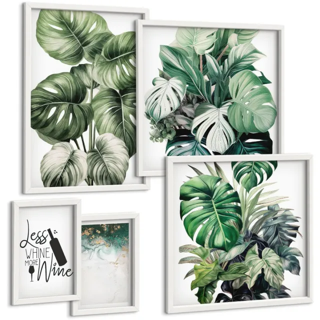 Coloray 5-Delige Schilderij Set - Plantenmotieven Met Citaten En Abstracte Accenten - 50 x 50 cm, 20 x 30 cm En 40 x 60 cm - Wanddecoratie - Woonkamer Decoratie Witte lijst