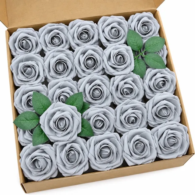 YYchan 25x Kunstrozen Grijs - Zachte Foam Rozen met Buigbare Steel & Bladeren - Voor Binnen & Buiten