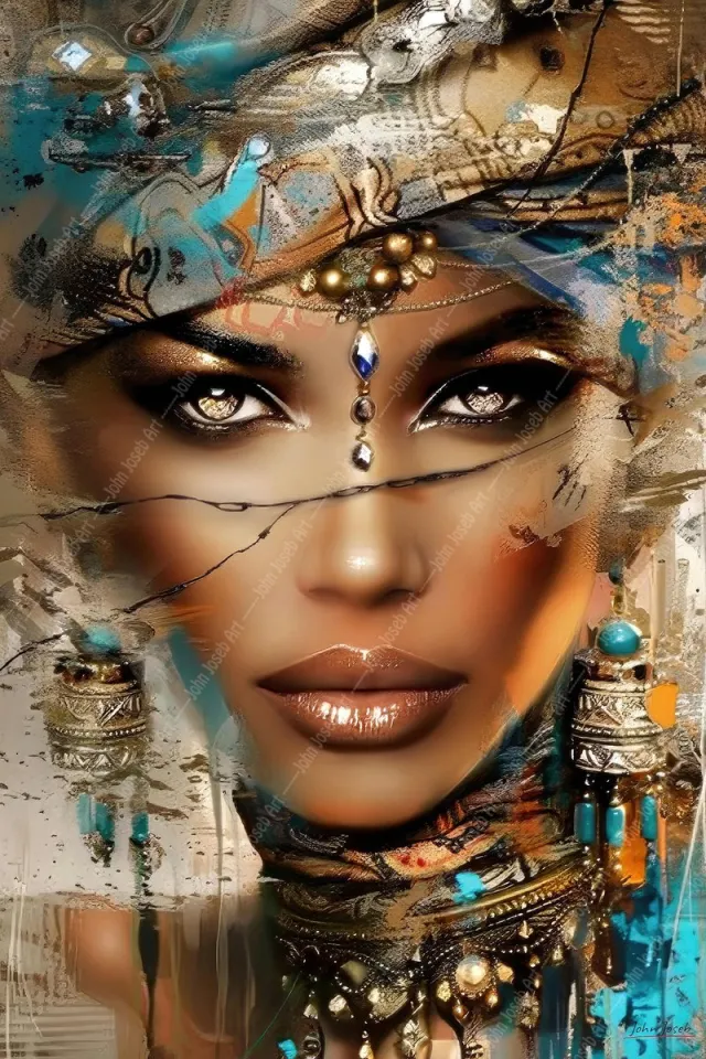 John Joseb Art (Aluminium) 60x40 | Vrouw met juwelen, sieraden, doek, sjaal, kleurrijk, boho, abstract, portret, kunst | mens. gezicht, bruin, blauw, zilver, modern | foto-schilderij op dibond, metaal wanddecoratie Aluminium, dikte 3 mm