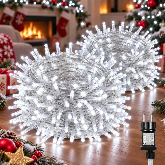 MUPOO LED Kerstverlichting Lichtsnoer Buiten 2 Stuks-Fairy Lights IP44-Lichtslinger met 8 Lichtstanden&Geheugen-Timer 6U/18U-Veilige 31V Laagspanning&Energiezuinig-Kerstboomverlichting voor Raam,Slaapkamer,Kerst-100 LED-10m-Wit