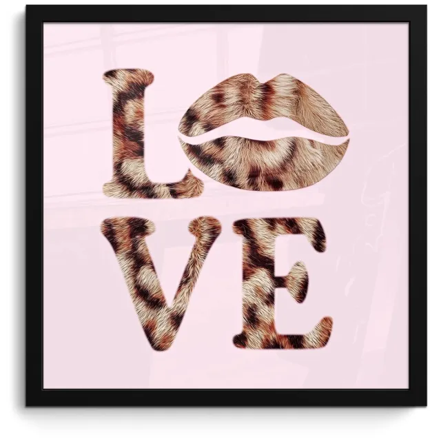 FrameYourWall Poster in lijst - Fotolijst 40x40 cm - Posters - Tekst - Love - Pantervacht - Lichtroze - Posterlijst zwart - Decoratie - Wanddecoratie woonkamer - Muurdecoratie slaapkamer