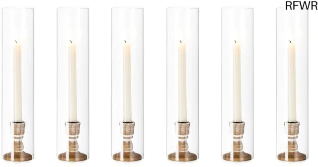 RFWR Houten Glazen Orkaan Kandelaar Set van 6 - 35 cm Hoog, Taper Kandelaar voor Binnen en Buiten, Perfecte Decoratie voor Bruiloften en Feestjes Brown, Transparent