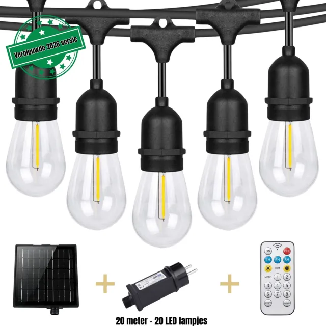 Ozocozy LUXOR - Solar tuinverlichting - Lichtsnoer buiten - Lichtslinger - Lichtsnoer op zonne-energie - Solar Led Prikkabel 20M - 22 Led E27 Lampen - Warme sfeerverlichting 2700K - Weersbestendig IP 65 - Afstandsbediening