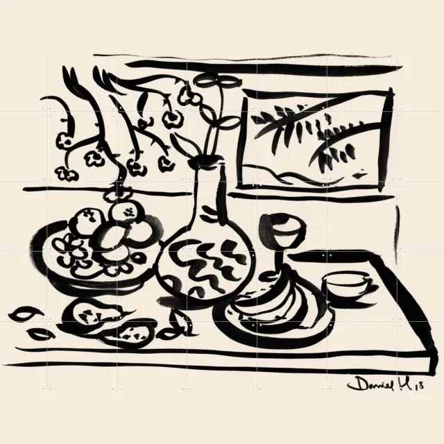 IXXI Table, Dan Hobday & Various - 140 x 100 cm - Grote wanddecoratie en posters - Illustraties, Minimalisme, Abstract, Line art, Woonkamer, Eetkamer Monochroom / Zwart / Wit