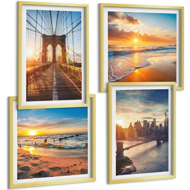 TULUP 4-Delige Schilderij Set - Bruggen en zonsondergangen in het stedelijk landschap - 40 x 40 cm en 40 x 60 cm - Muurdecoratie - Decoratieve Schilderijen - Wohnzimmer - Wanddecoratie Gouden lijst