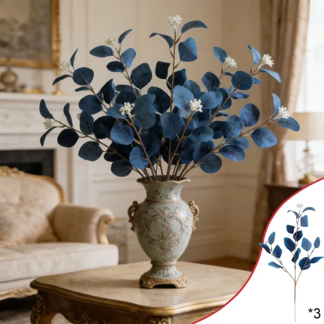 Ulisem Blauwe Kunstmatige Eucalyptus Stelen Zijden Bladeren - Nep Eucalyptus Takken - Voor Bloemstukken - Boeketten - Woondecoratie - Realistische Zijden Bladeren Met Witte Bloemtop - 3 Stuks 51,5 Cm - Voor Vaas Tafelstuk Bruiloft Muurdisplay