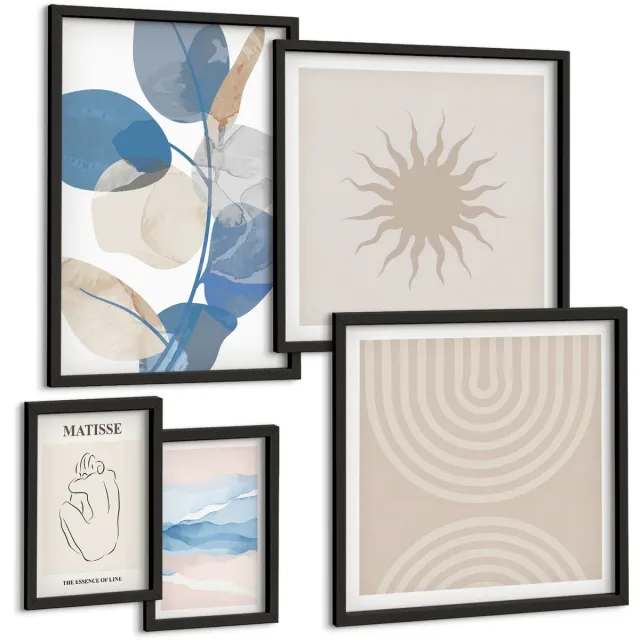 TULUP 4-Delige Schilderij Set - Stijlvolle abstracte composities met plantenaccenten - 50 x 50 cm, 20 x 30 cm en 40 x 60 cm - Stijlvolle Muurdecoratie - Slaapkamer Zwarte lijst