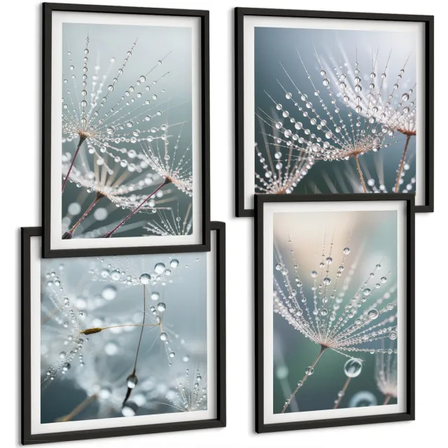 Coloray 4-Delige Schilderij Set - Waterdruppels Op De Tere Scheuten Van Paardenbloemen - 40 x 40 cm En 40 x 60 cm - Moderne Wanddecoratie - Slaapkamer - Muurdecoratie Zwarte lijst