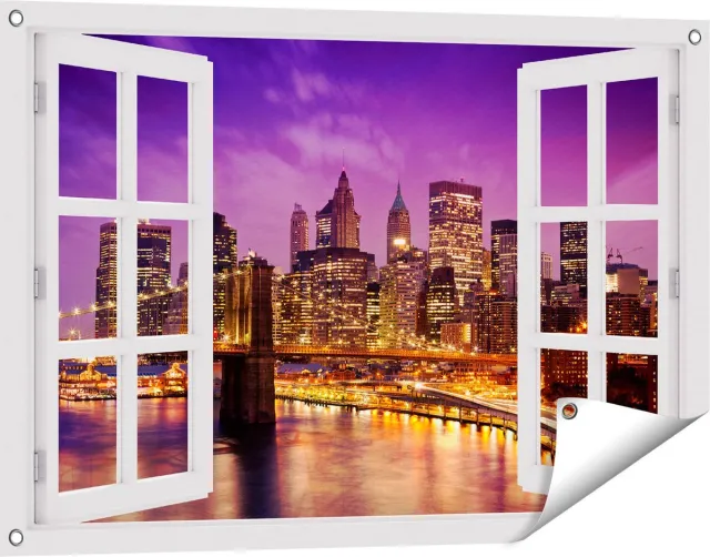 Gards Tuinposter Doorkijk Skyline New York van Centrum in het Paars - 90x60 cm - Tuindoek - Tuindecoratie - Wanddecoratie buiten - Tuinschilderij Wit