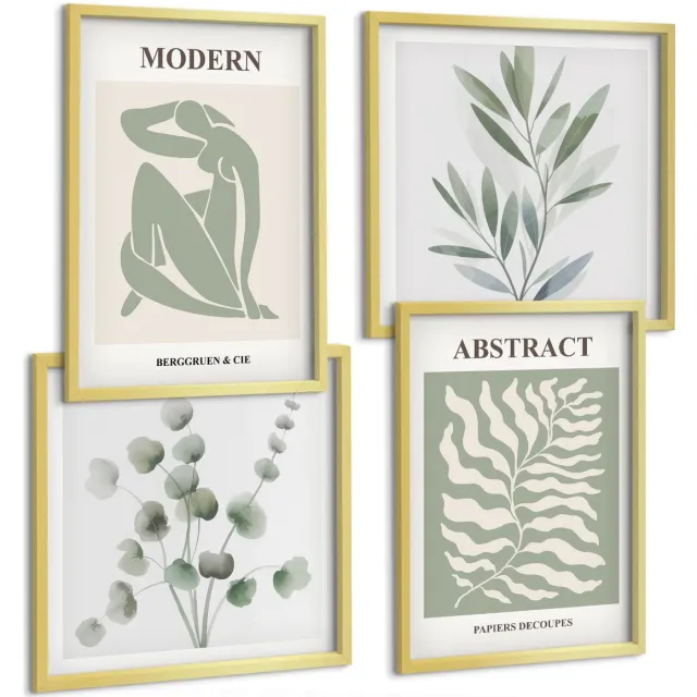 TULUP 4-Delige Schilderij Set - Matisse Design Aquarel Boho Planten - 40 x 40 cm en 40 x 60 cm - Muurdecoratie - Wanddecoratie - Hal Gouden lijst