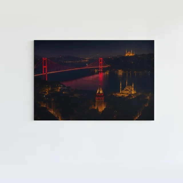 Trendex Global Canvas Schilderij - Istanbul nacht stadspanorama met brug - 90x60 cm Zwart