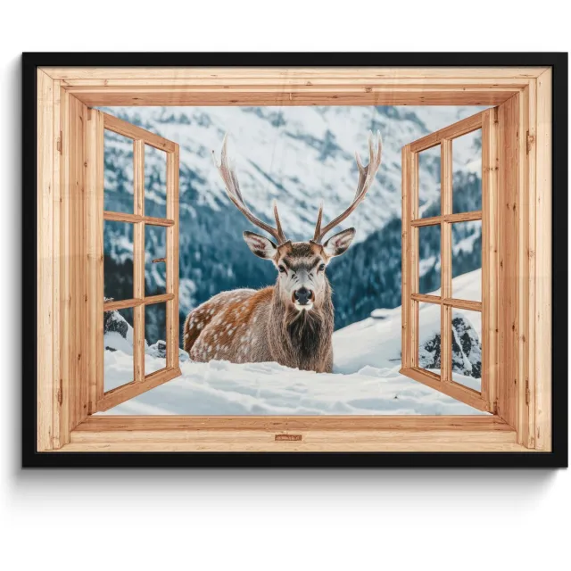FrameYourWall Poster in lijst - Fotolijst 70x50 cm - Posters - Doorkijk - Hert - Landschap - Winter - Natuur - Dieren - Bergen - Posterlijst zwart - Decoratie - Wanddecoratie woonkamer - Muurdecoratie slaapkamer