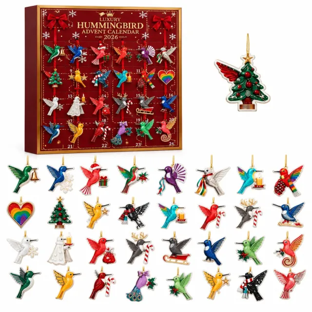 SWGOTA Adventskalender met kolibriethemа - 24 vakjes - Platte acryl hangdecoraties voor Kerstmis - In kartonnen doos Multicolor