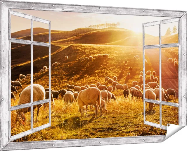 Gards Tuinposter Doorkijk Schapen in de Heuvels bij Zonsondergang - 180x120 cm - Tuindoek - Tuindecoratie - Wanddecoratie buiten - Tuinschilderij Multikleur