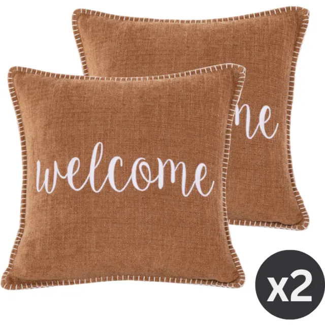 Tiseco HOME STUDIO - Kussen (gevuld) DAMIAN - Geborduurde WELCOME tekst - Vierkant - 45x45 cm - Indiantan INDIAN TAN