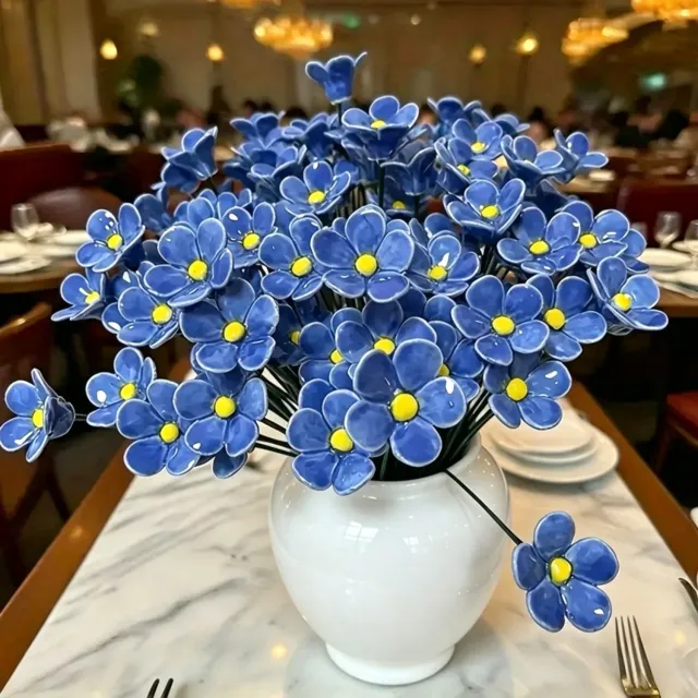 Bwecuy Handgemaakte Keramische Kunstbloem Vergeet-mij-nietje Blauw - 37 cm - Nepbloemen - Kunstbloemen voor Binnen - Woondecoratie - Vaasdecoratie - Onderhoudsvrij - Bloemen voor Vaas - Tafeldecoratie - Dressoir - Boeket