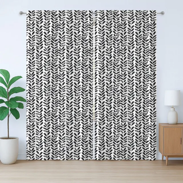 ABAKUHAUS Zwart-wit rustiek gordijn, geschilderd motief, met lussen en haken voor de woonkamer, 280 x 260 cm, wit zwart