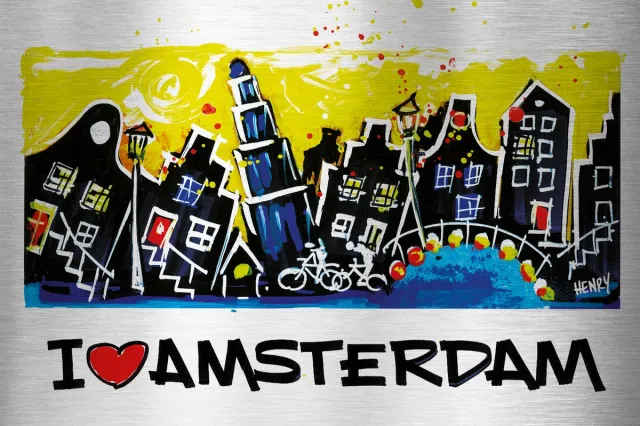 De Opmakerij I LOVE AMSTERDAM - uniek sign painted kunstwerk op geborsteld aluminium 60 x 40 cm full colour