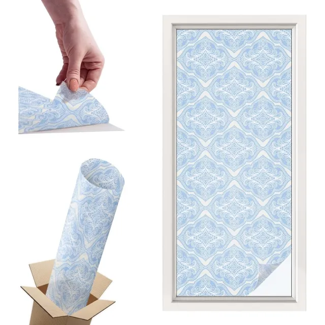 TULUP Raamfolie Anti inkijk - Bloemenornament Privacy Folie Raam - 50x116 cm - Blauw Anti inkijk Folie - Raamfolie Tegen inkijk Glas in Lood - Voor de slaapkamer, woonkamer en hal. - Raamfolie Zonwering Blauw - Bloemenornament