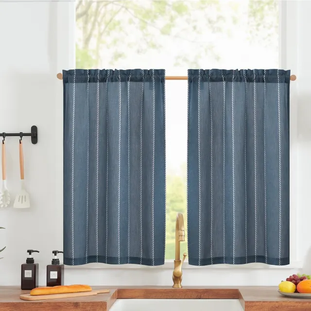 Unyqoos Moderne Boho Linnenlook Gordijnen voor Elke Kamer met Lichtfiltering, Set van 2, Blauw, 65 x 90 cm