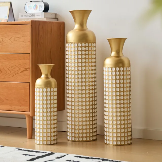 DESMIU Vaas – 3 Delige Gouden Metalen Bodemvazen Set – 83 66 50 Cm – Metaal – Goud Wit – Voor Woonkamer Hal En Bureau – Stapelbaar Goud, Wit