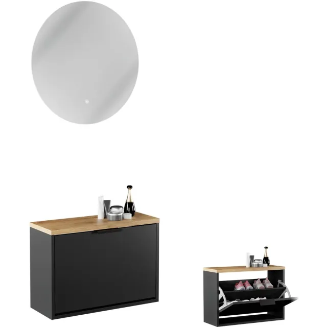 Planetmöbel STIVIO Schoenenkast 60 cm Zwart LED Spiegel NOVA