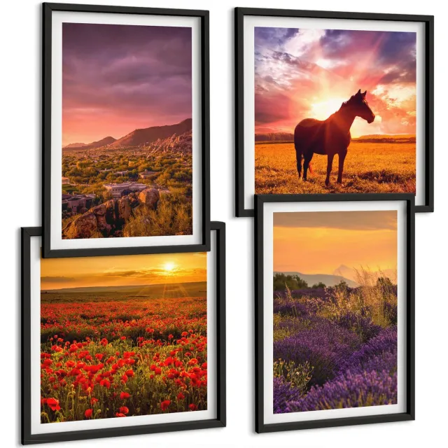 TULUP 4-Delige Schilderij Set - Berglandschappen met paarden en lavendelvelden - 40 x 40 cm en 40 x 60 cm - Wanddecoratie - Muurdecoratie - Moderne Interieurdecoratie - Interieur Decoratie Zwarte lijst