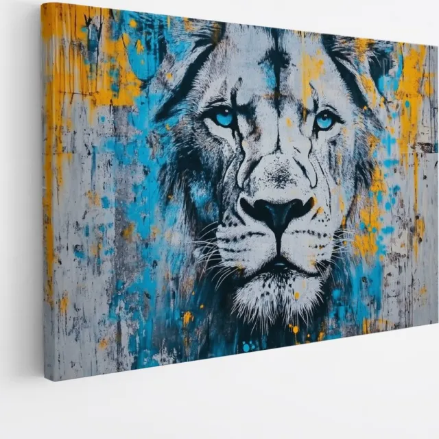 Saammp Canvas Schilderij - Abstracte Leeuw - Kleurrijk - Blauw - Dieren - Natuur - 70x50 - Foto op canvas - Wanddecoratie - Muurdecoratie Woonkamer - Slaapkamer decoratie - Canvas Print Multicolor