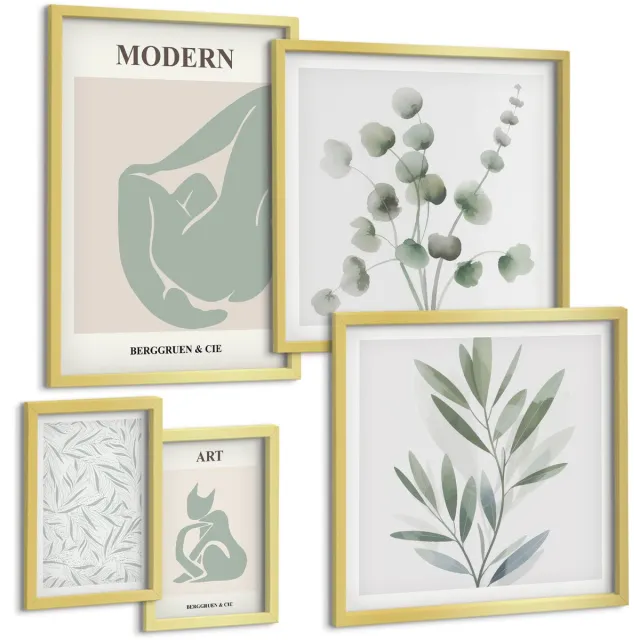 Coloray 5-Delige Schilderij Set - Stijlvolle Afbeeldingen Met Plantmotieven En Abstracte Vormen. - 50 x 50 cm, 20 x 30 cm En 40 x 60 cm - Muurdecoratie - Wanddecoratie - Slaapkamer - Stijlvolle Muurdecoratie Gouden lijst